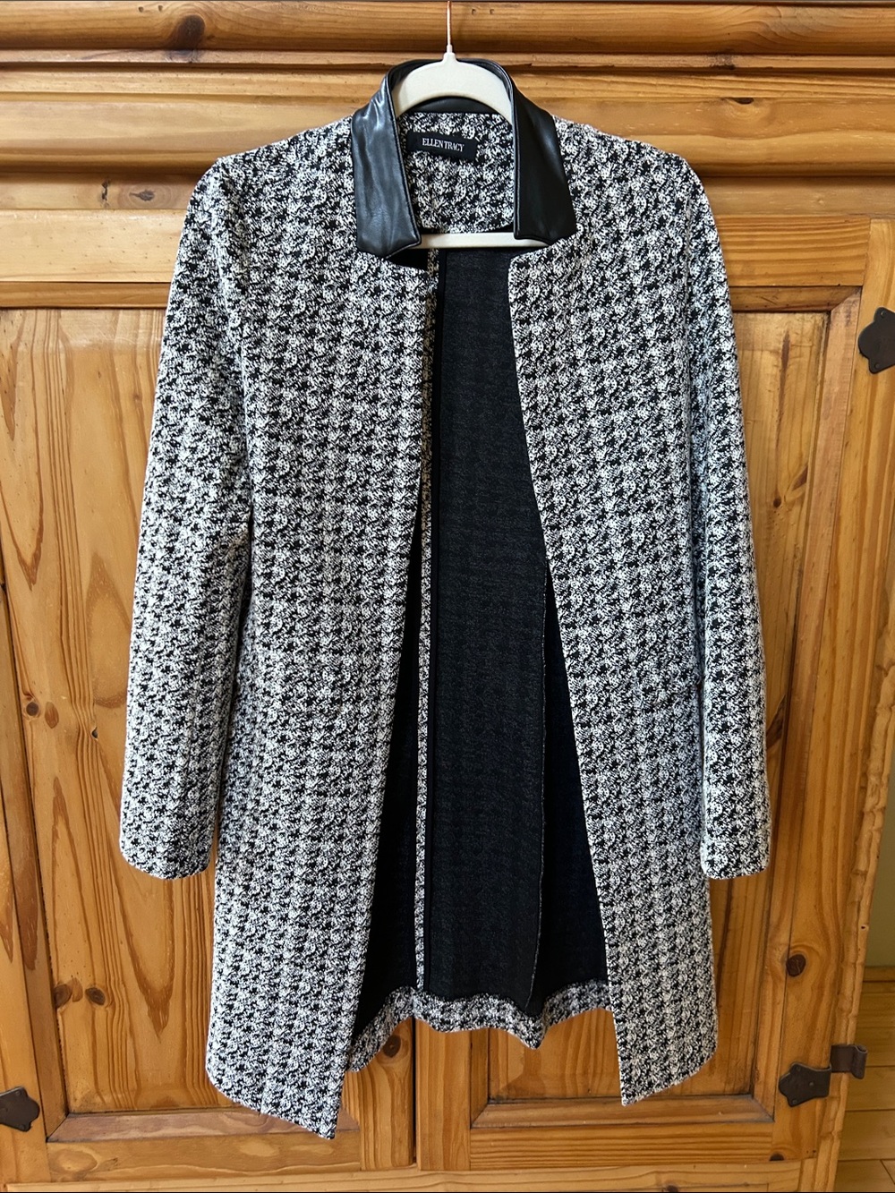 Ellen Tracy Blazer Jacquard Topper Longline Black White Houndstooth Jacket